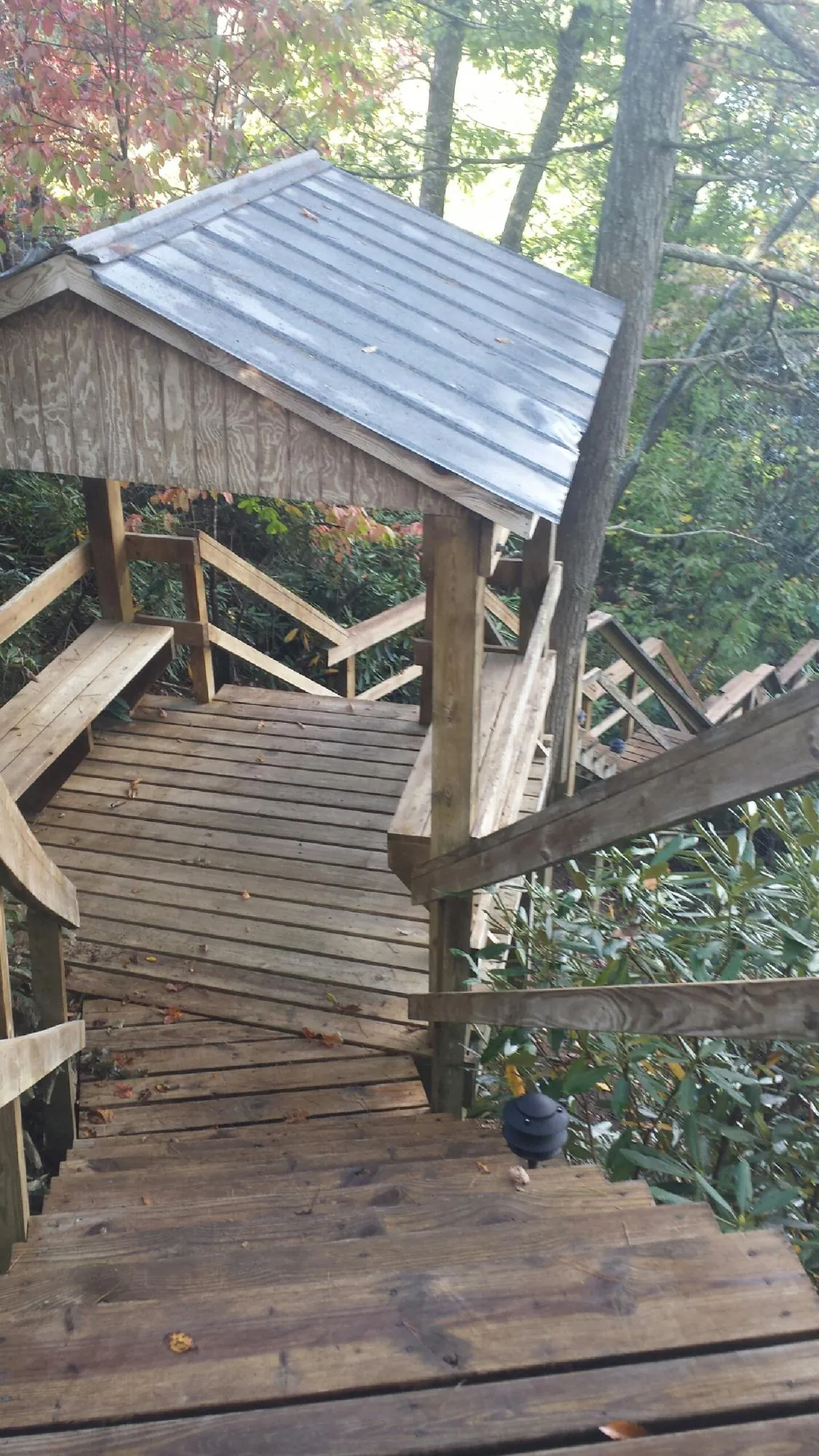 Metal roofed shelter over wooden steps on a wooded walkway — Skylight Repair & Installation work by our crew in Pico Rivera